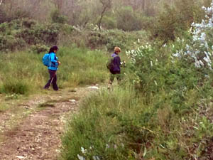 Stanna and Arianna hiking in the distance on a mountain path