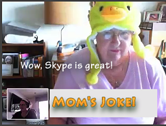 My mom wearing a duck hat over skype